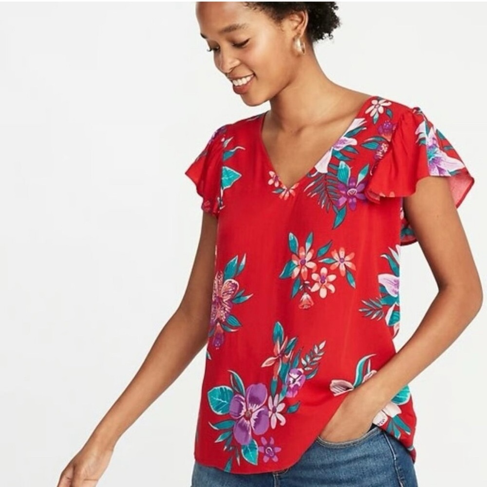 Old Navy Red Flutter Sleeve Ruffled Blouse